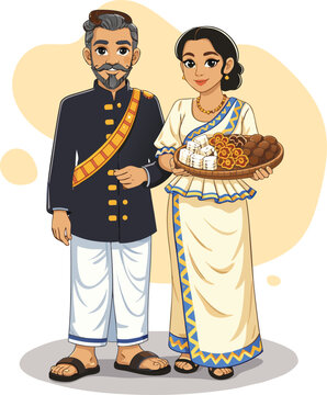 Traditional Sri Lankan Couple in Avurudu Attire Holding Festive Sweets &ndash; Cultural Illustration - sinhala new year