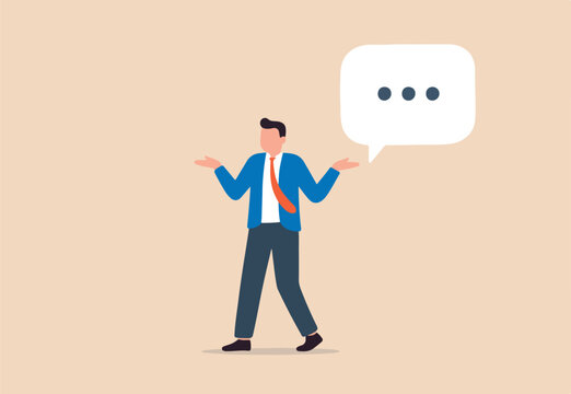Awkward moment, embarrassment conversation, nervous and clueless at work, dull moment or cannot answer question concept, awkward confused and shrug businessman with helpless speech bubble