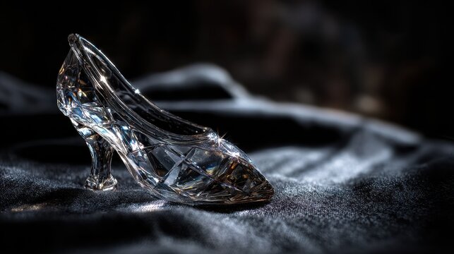 Crystal glass footwear on rich fabric with soft, reflective lighting