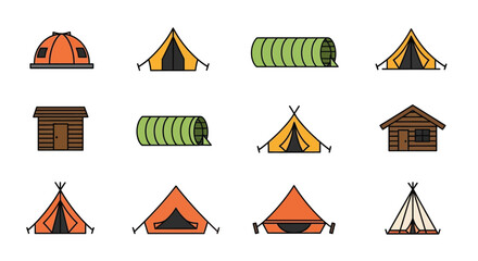 Colorful illustration depicting various types of camping shelters and structures © Sagor