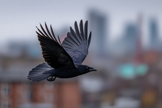 Dynamic wildlife shot: carrion crow gliding over city roofs under gray skies