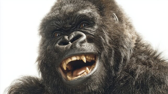 Close-up portrait of silverback gorilla laughing with wide open mouth baring large fangs on plain white background for viral meme