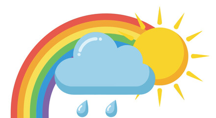 Naklejka premium Bright cartoon rainbow with sun, cloud, and raindrops vector illustration for weather forecast