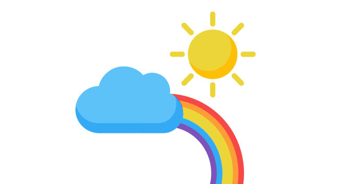 Bright yellow sun, blue cloud, and colorful rainbow vector illustration on white background