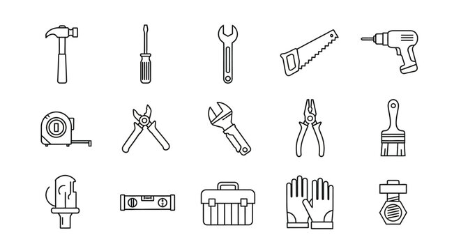 Set of 15 outline vector icons featuring various construction and repair tools for web and print projects