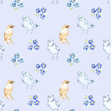 Pattern con uccellini disegnati a mano libera e fiorellini su sfondo azzurro chiaro