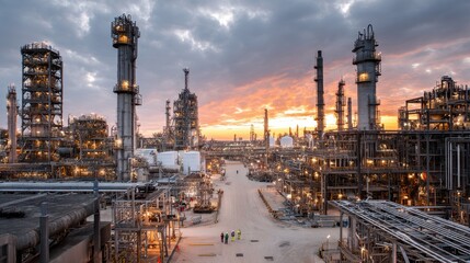 Naklejka premium Expansive oil refinery complex at dusk in a global manufacturing landscape