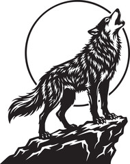 Obraz premium A majestic wolf howling at the full moon while standing proudly on a jagged rocky mountain peak isolated on transparent background, Vector