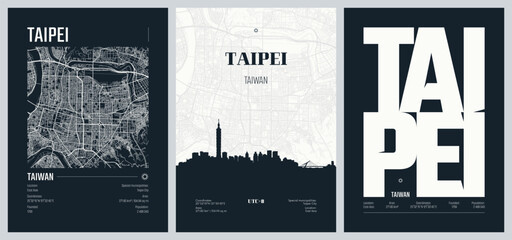 Naklejka premium Vector set of travel posters, detailed urban street plan city map Taipei the capital and a special municipality of Taiwan, Silhouette city skyline artwork, kit 2