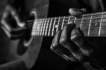 Fototapeta premium Monochrome portrait of fingers on guitar neck, intimate musical moment