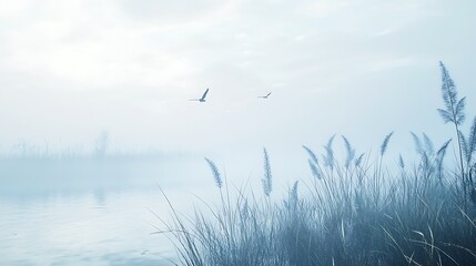 Obraz premium Serene Landscape with Birds in Flight