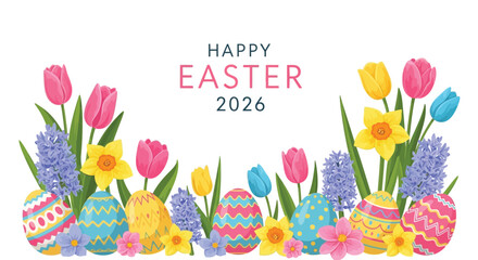 Colorful easter illustration with flowers eggs and a festive greeting © Sagor