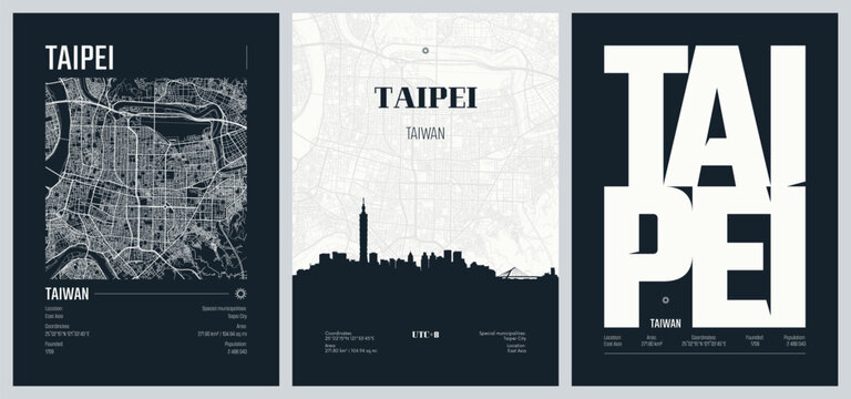 Vector set of travel posters, detailed urban street plan city map Taipei the capital and a special municipality of Taiwan, Silhouette city skyline artwork, kit 2