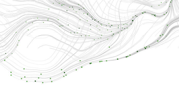 Artistic abstract illustration featuring gray lines and green dots creating a flowing pattern on white, evoking a sense