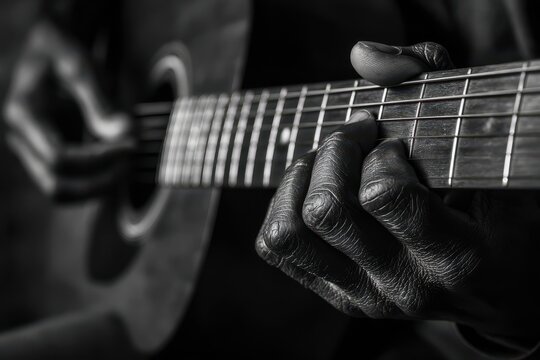 Monochrome portrait of fingers on guitar neck, intimate musical moment