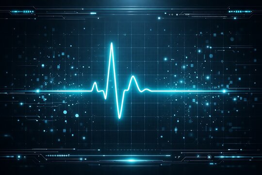 Futuristic Digital Heartbeat Monitor Waveform on Blue Technology Grid Background