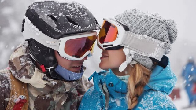 Couple enjoying a snowy ski adventure in winter wonderland with goggles and smiles during a beautiful day on the slopes