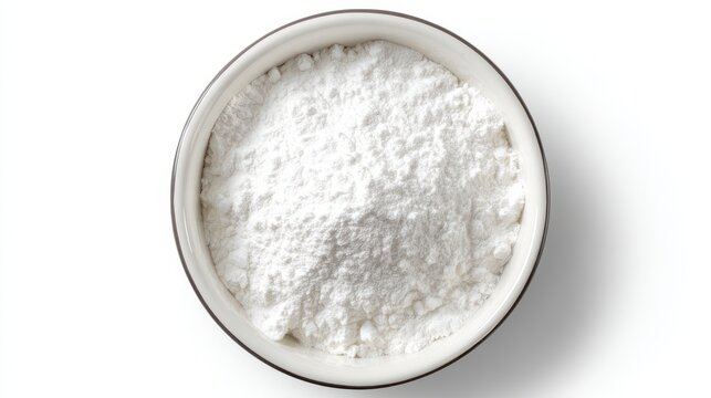 Bowl of white flour or starch powder isolated on white background