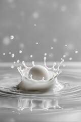 Fototapeta premium Close-up milk drop in mid-splash with reflective surface and soft studio lighting