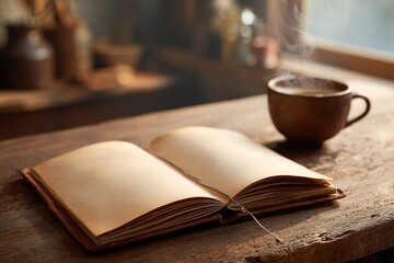 Naklejka premium Blank leather journal resting beside a steaming cup of coffee on a wooden desk