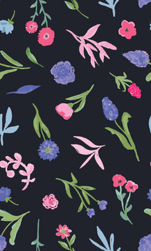 Hand drawn, aquarel flowers with leaves seamless repeat pattern. Random placed, vector botany aop, all over surface print on black backgrouind.