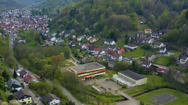 Aerial view of the city Sch&ouml;nau 69250 in Germany on a sunny spring day 