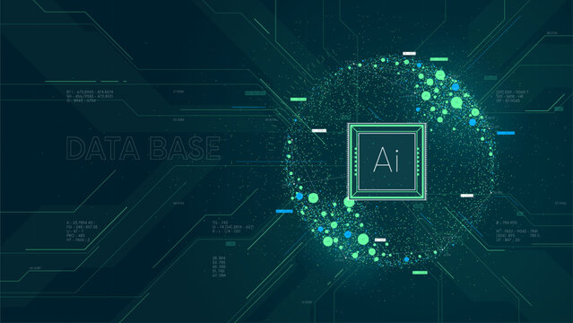 Big data visualization information flow sorting and analysis, database processing by computer algorithms and AI deep learning machine, Future cybernetic artificial intelligence technology concept