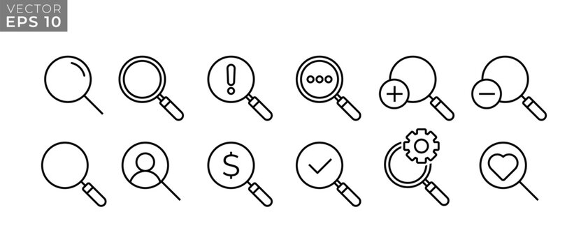 Magnifying Glass Icons Vector Set. Containing SEO, Digital marketing, data analysis, management symbol