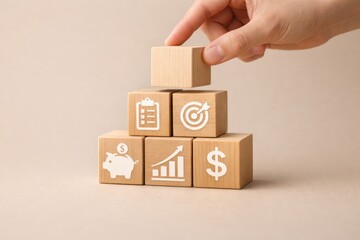 Fototapeta premium AI Financial Planning Strategy with Wooden Blocks Investment Growth and Business Optimization Concept
