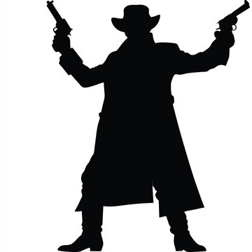 Shadowy cowboy figure in duster coat brandishes twin revolvers with both hands menacingly
