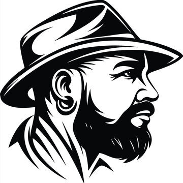 Side profile shows a bearded man with hat and earring in monochrome