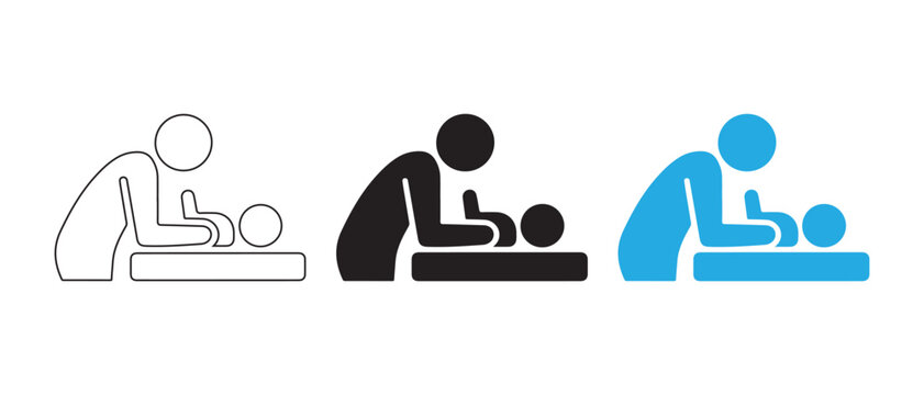 Parent changing baby diaper icon set, showing outline, solid black, and blue styles, vector illustration.