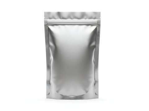 A silver foil pouch with a sealed top and reflective surface on a white background