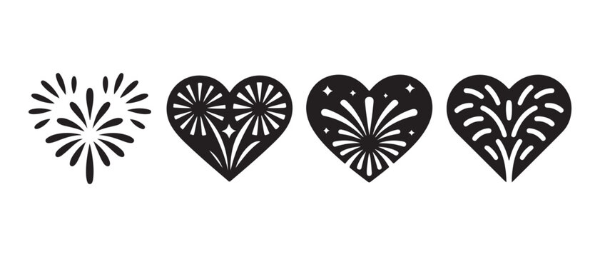 Set of four black heart icons with internal firework and starburst patterns on white background.