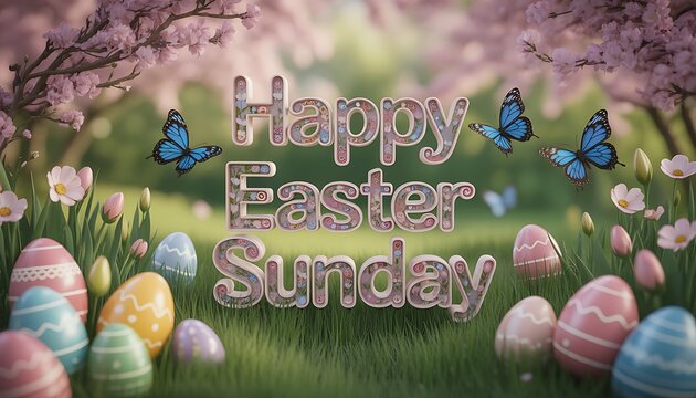 Happy easter sunday text surrounded by butterflies, decorated eggs, and blossoms in a lush green garden, pink flowers