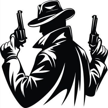 Silhouette of a man with hat and coat holding two pistols