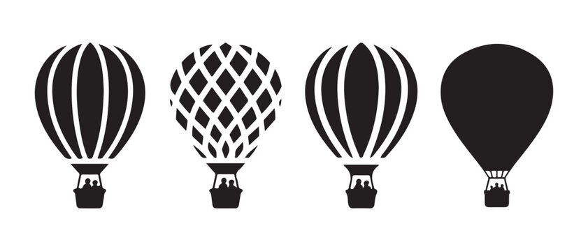Hot Air Balloon Vector Icons Collection in Black and White Silhouettes, Ideal for Travel and Adventure Design.