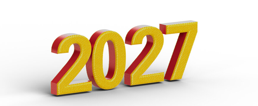 3D rendered illustration of the year 2027 in yellow and red text, isolated on white background. Perfect for future pred