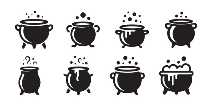 Witch cauldron icon set. with boiling magic potion bubbles and steam isolated on white background.