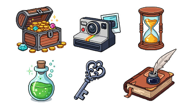 Collection of pixel art icons: treasure chest, camera, hourglass, potion, key, and book