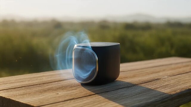 Portable wireless speaker, outdoor bluetooth speaker, smart audio device on wood table