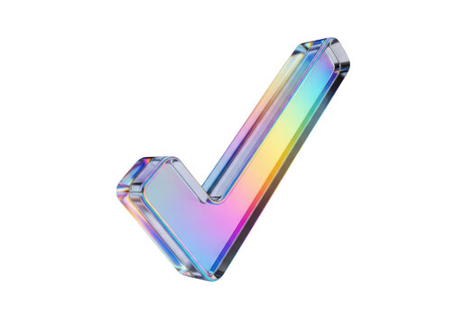 A large shiny check mark with a rainbow color scheme isolated on transparent background