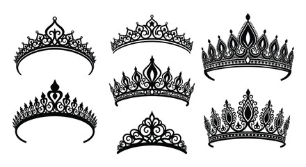 An elegant collection of ornate tiaras and crowns displayed in a striking black and white composition silhouette high quality professional detailed © mrvect02