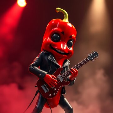 Vibrant glossy chili pepper performing at a concert with smoke and flares