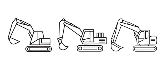 Set of three excavator line icons showing different heavy machinery equipment for construction. © CreatetiveDesignX