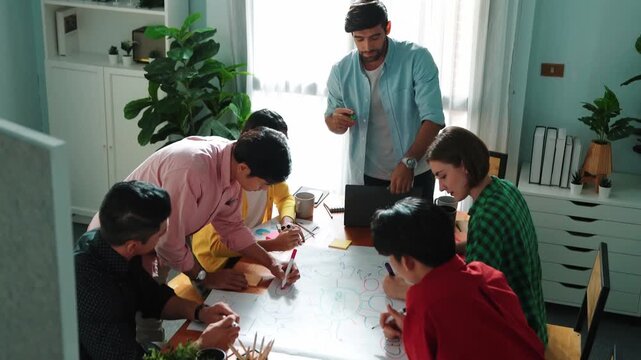 Top view of happy creative team putting hands together while drawing mind map. Group of diverse people working together brainstorming marketing idea and sharing plan by using sticky notes. Convocation