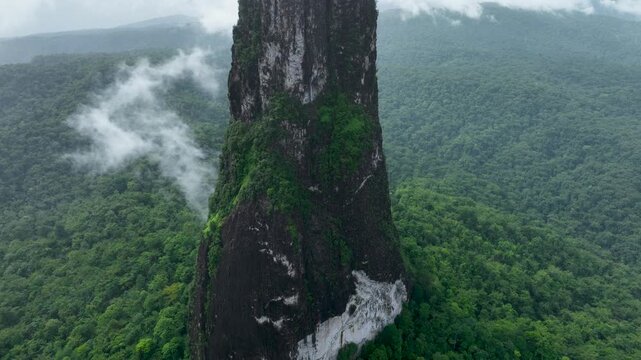 Pico C&atilde;o Grande, volcanic plug peak on S&atilde;o Tom&eacute; and Pr&iacute;ncipe, drone perspective