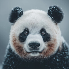 Fototapeta premium Giant panda close-up portrait in snowfall, winter wildlife scene with snow-covered fur and soft cold atmosphere