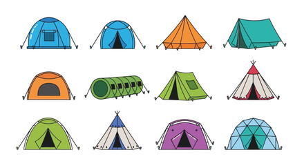 Collection of colorful cartoon tents and shelters in various designs © Shila Rani Saha