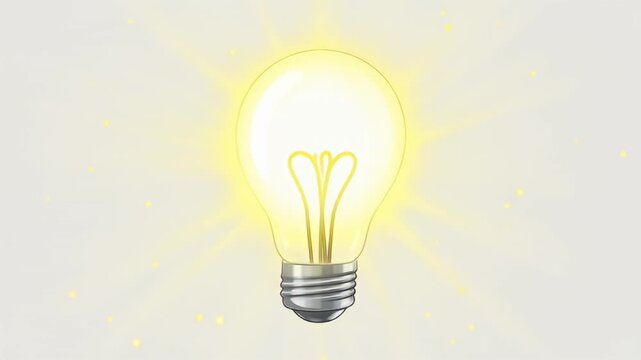 Glowing light bulb illustration, bright yellow incandescent lamp with light rays, creative idea and innovation concept on white background 4k